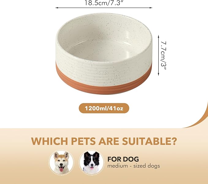 Ceramic 7.3inch Dog Bowl for Medium Breed Dogs, Anti-Slip and Weighted Pet Food and Water Dishes(Single Bowl, Vanilla White)