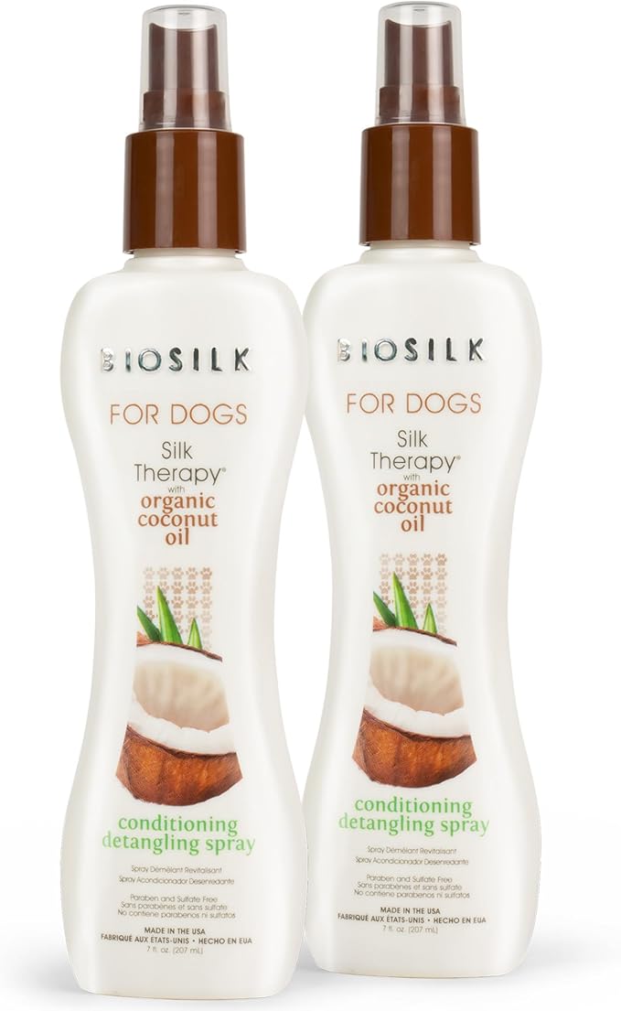 BioSilk Silk Therapy Conditioning Detangling Spray for Dogs with Natural Coconut Oil - Dog Matted Hair Detangler Conditioner for Dogs, Dematting Grooming Supplies, 7 Fl Oz - 2 Pack