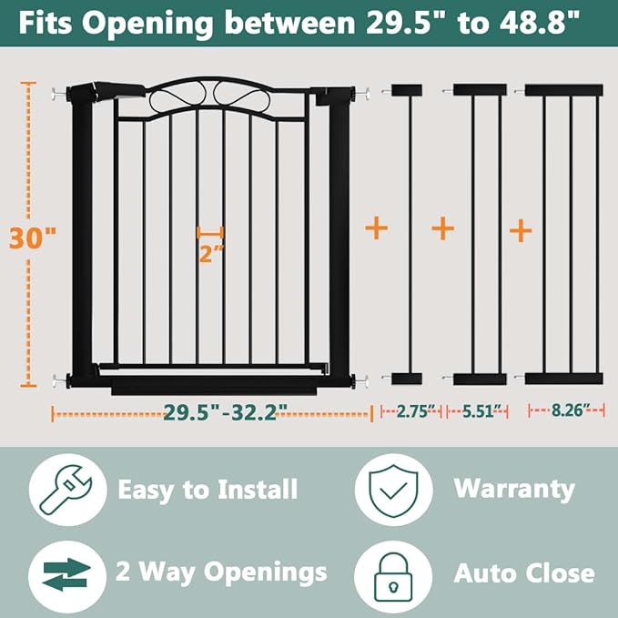 29.5"-48.8" Extra Wide Baby Gate for Stairs, Pressure Mounted Easy Walk Thru Metal Pet Gate Safety Child Gate No Drill, Auto Close Long Dog Gate for The House & Doorways, Black