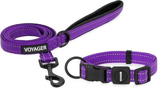 Voyager Reflective Dog Leash Collar Set with Neoprene Handle Supports Small, Medium, and Large Breed Puppies, Cute and Heavy Duty for Walking, Running, and Training - Purple, L
