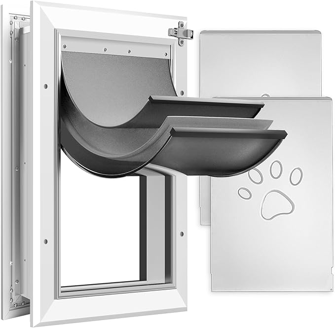 [Petoasis] Heavy Duty Aluminum Dog Door with Lock,3 Flap Insulated Doggie Doors with Installation Manual,Durable and Rust Resistant, Patent: USD1057087S, (Silvery White, XLarge for Door)