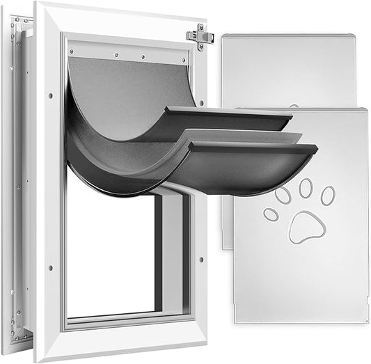 [Petoasis] Heavy Duty Aluminum Dog Door with Lock,3 Flap Insulated Doggie Doors with Installation Manual,Durable and Rust Resistant, Patent: USD1057087S, (Silvery White, XLarge for Door)