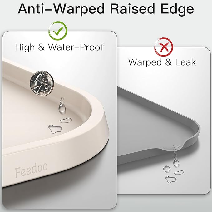 Pet Feeding Mat [Warped Resistant Raised Edge], Water-Proof Silicone Placement for Food Water Bowls, Anti-Slip Base Protect Floor, BPA-Free&Dishwasher-Safe [23.5x13.5inch Large, White Sand]