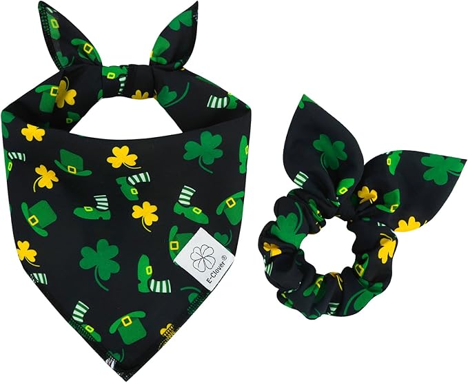 E-Clover Dog Bandana Boy & Matching Scrunchie-Shamrock Dog Bandanas Irish Pet Scarf Bib for Medium Large Dogs Girl Owner Gift Dark Green
