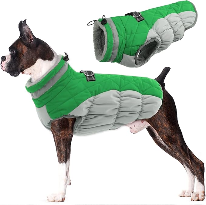 Lelepet Dog Winter Coat - Waterproof, Windproof, Reflective, Padded, Fleece, Turtleneck, Zippered Snow Jacket with Harness, Medium Size, Boston Terrier