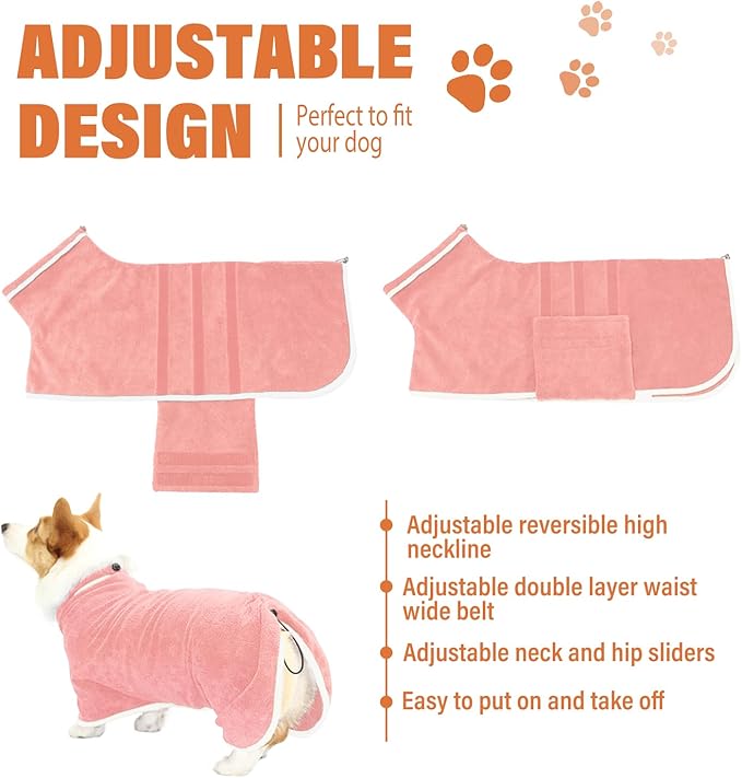 Dog Robe - Fast Drying Towel - Microfiber Super Absorbent Pet Bathrobe, Adjustable Collar & Belly Strap (Pink, X-Large)