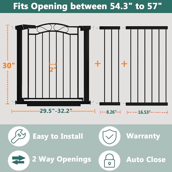 Black Wide Baby Gate with Door-Walk Through Baby Gates for Stairs Pressure Mounted no Drill-Indoor Tension Metal Child Pet Dog Safety Gate 54.33"-57.09" inches Wide