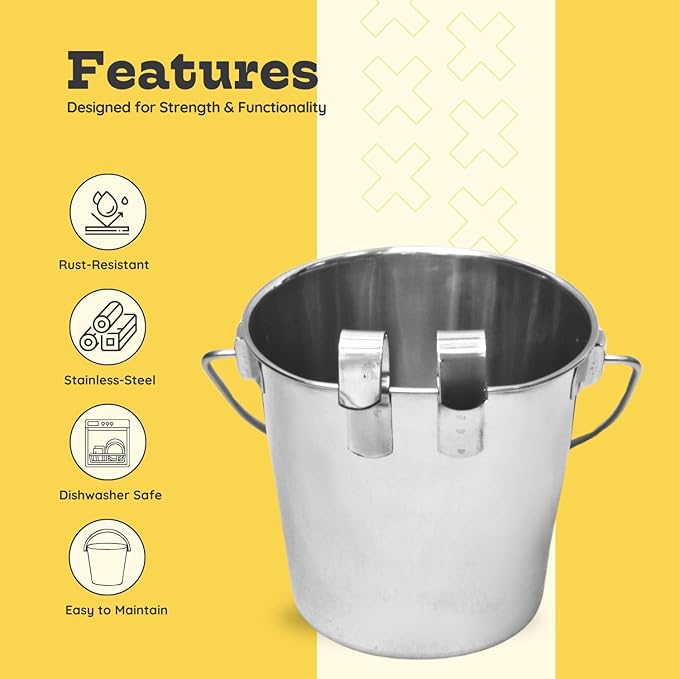 6 Quart Stainless Steel Flat Sided Pail with Dual Hooks | Hanging Bucket for Dogs, Cats, Goats, Sheep & Livestock | Food & Water Bowl Fits Kennels, Crates, Cages & Farm | Multipurpose Use