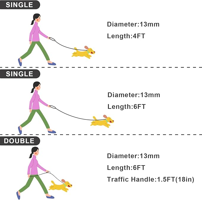 Rope Dog Leash with Two Handles, 6 Foot Heavy Duty Dog Leash with Aviation Aluminum Auto Locking Carabiner, Strong Nylon Pet Lead for Small, Medium, Large Dogs (Black, 6FT-Two Handle)