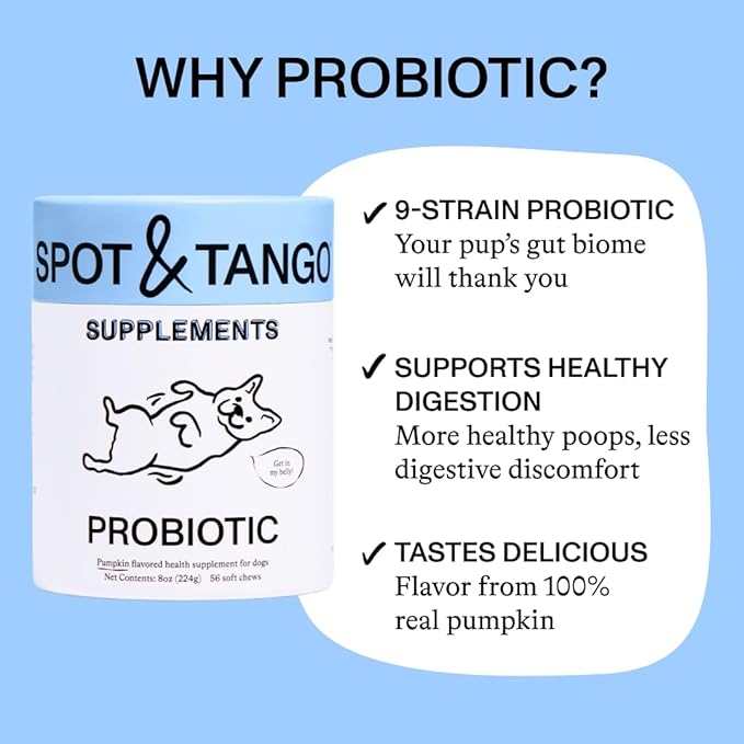 Spot & Tango Probiotics Supplements for Dogs - Vet-Approved for Healthy Digestion and Balanced Gut - Pumpkin, Turmeric, Chicory Root, Black Pepper, Nine-Strain Probiotic Blend, 56 Count