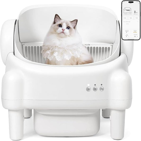 Automatic Litter Box,Open Top Self Cleaning Litter Box with App Control for Multiple Cats, Safety Sensors Protection, Odor Control Includes 2 roll Liners,Large Waste Bin, Cream White