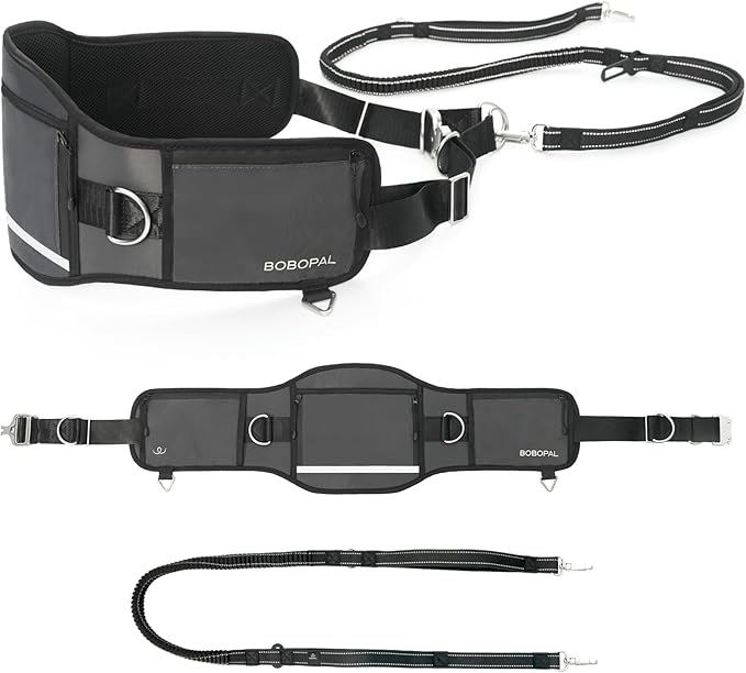 Hands Free Dog Leash with Ergonomic Waist Belt, Zipper Pouch, Reflective Bungee & Double Handle, for Medium & Large Dogs (20–100 lb), Walking, Running & Car Travel