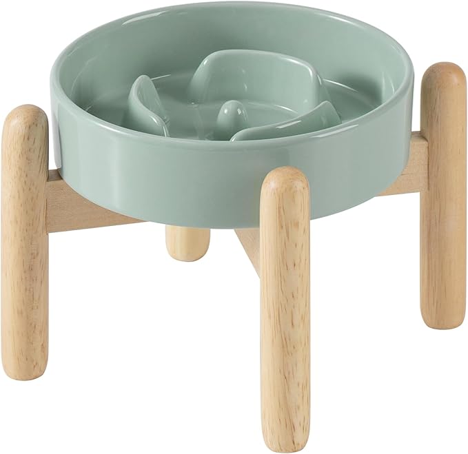 6.1inch Ceramic Raised Slow Feeder Dog Bowl Set, Elevated Wooden Stand for Small Dog and Cat, Puzzle Slow Dish, Preventing Choking(Light Green, Single Bowl+ Stand)