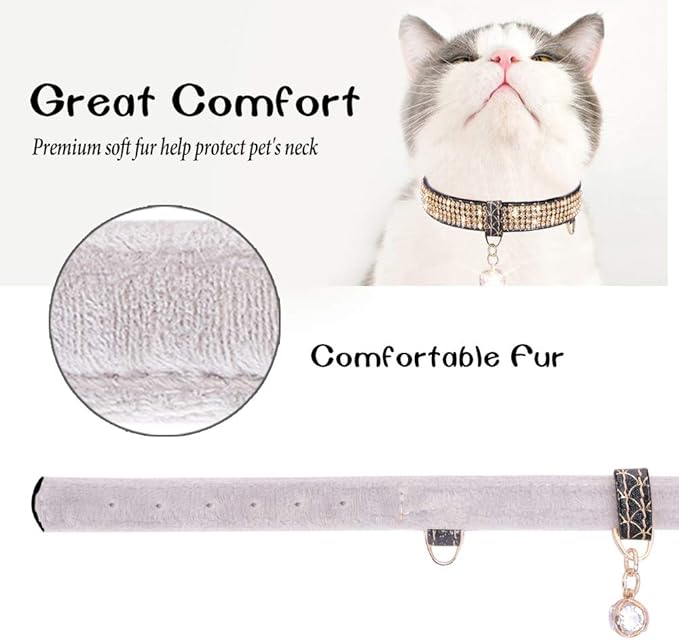 PetsHome Cat Collar, Dog Collar, [Bling Rhinestones] Premium PU Leather with Pendant Adjustable Collars for Big Cat and Small to Medium Dog Small Black