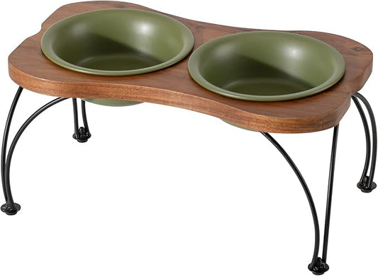 Ceramic 7.1-inch Raised Double-Bowl Set with Non-Slip Stand, Food & Water Dishes for Medium and Large Dogs, Wide Opening with Rounded Edges(Olive Green)
