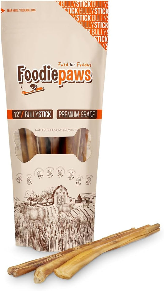 FOODIEPAWS 12 Inch Jumbo Bully Sticks for Dogs, 5 Pack |Thick, Grass-Fed Beef Pizzle Chews | All Natural, Rawhide-Free & Fully Digestible | High Protein, Long Lasting Dog Treats for Heavy Chewers