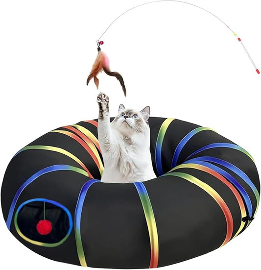LUCKITTY Cat Tunnel Toy with Plush Ball & Cat Wand Feather Toys-Portable Tattaff Waterproof Washable-Interesting Pattern Collapsible Black Rainbow