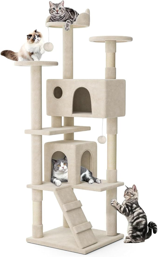 MoNiBloom 77 Inch Cat Tree Tower for Indoor Cats Large Adults, Tall Cat Tower with Scratching Post, Multi-Level Furniture Activity Center with Cat Condo Pet Play House, Beige
