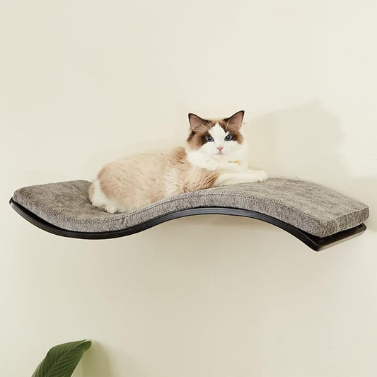 Cat Shelf with Comfortable Cushion - Wave Modern Cat Bed - Minimalistic Floating Wall Perch - Wooden Wall Mounted Cats Furniture for Sleeping, Playing, Climbing, and Lounging, Walnut