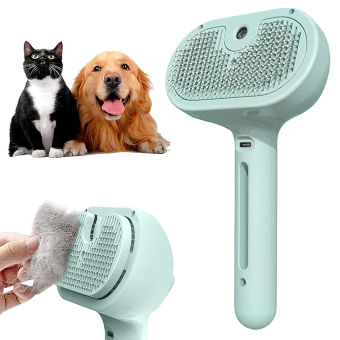 Pet Spray Hair Removal Comb, 3 in 1 Cat Steam Brush, Pet for Dog Long Short Haired, Spray Hair Removal Comb for Small Animals Shedding Grooming (Green)