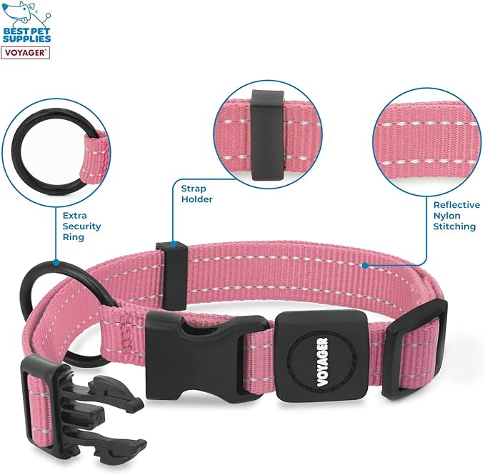 Best Pet Supplies Reflective Dog Collar with Adjustable Length, Heavy-Duty Buckle, and Strong Leash D-Ring, Training, Walking, Jogging Accessory for Small, Medium, and Large Breeds - Pink, M