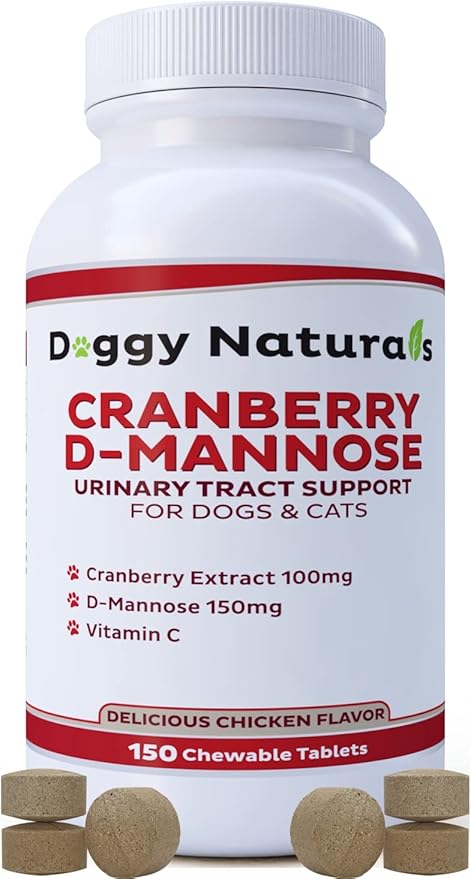 Cranberry D-Mannose for Dogs and Cats Urinary Tract Infection Support Prevents and Eliminates UTI, Bladder Infection Kidney Support, Antioxidant (Single Strength Tablet, 150 Count)