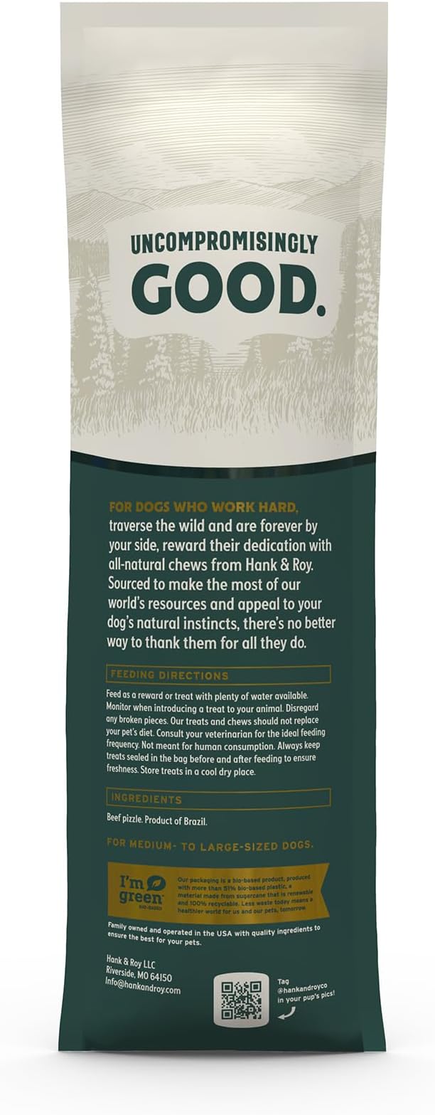 Hank & Roy All-Natural, Single-Ingredient Dog Bully Sticks, Long Lasting, Easily Digestible Dog Chews, Antibiotic and Hormone Free 12” Beef Pizzle Sticks for Dogs, Pack of 4