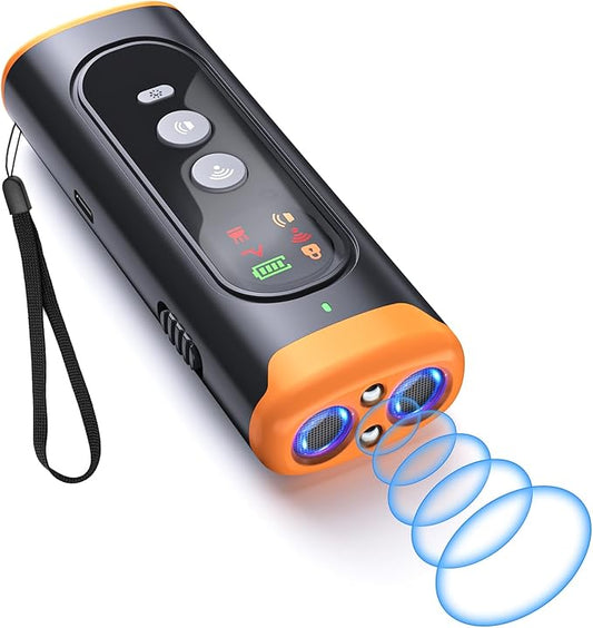 Dog Bark Deterrent Devices - Portable Anti Barking Tool with 5 Adjustable Modes: 50FT Range Ultrasonic Whistle, LED Flashlight, Beep, Rechargeable Dog Trainer, Safe for Dog & Human, Indoor Outdoor Use