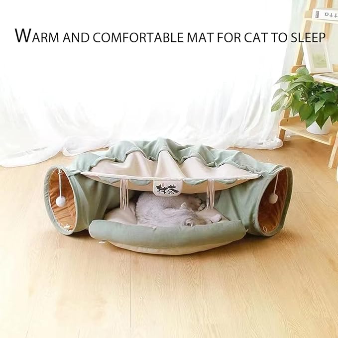 Cat Rabbit Tunnel Bed Nest for Cats Indoor, with Collapsible Washable Soft Cushion, Plush Ball and Exercise Wheel Tube, Fit for Puppy Bunny Kitty Kitten Ferret