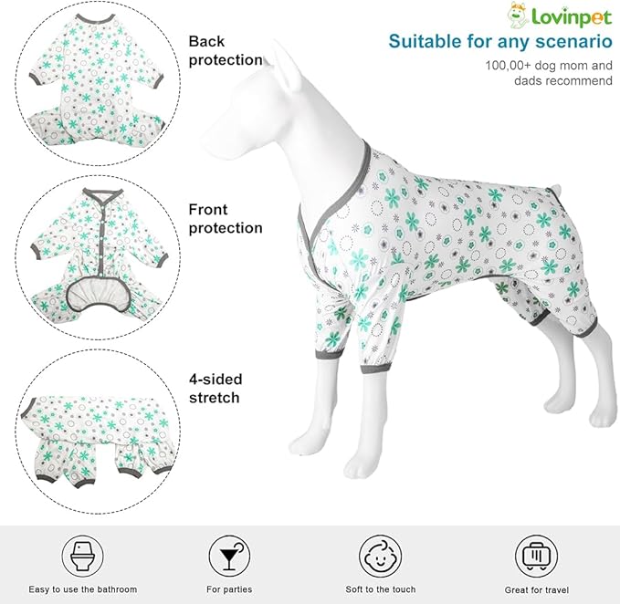 LovinPet Big Dog Onesie Shedding Suit, Pet Anxiety Relief Pj'S,Uv Protection Dogs Tshirt,Pet Clothes,Comfy Stretchy Fabric,Mint Floral Print,Large Dogs Pjs,Pullover Pitbull Clothes For All Seasons,3Xl