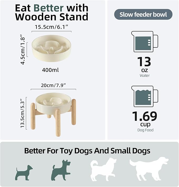 6.1inch Ceramic Raised Dog Slow Feeder Set, Elevated Bowl with Wooden Stand for Small Dog and Cat, Puzzle Slow Dog Food Dish, Anti-Gulping(Beige, Single Bowl+ Stand)