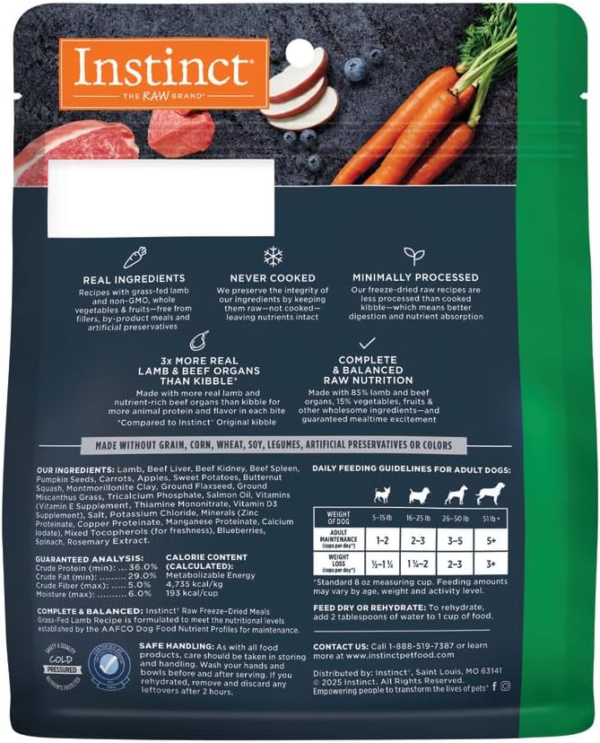 Instinct Freeze Dried Raw Meals, Natural Dry Dog Food, Grain Free - Grass Fed Lamb, 3 oz. Bag