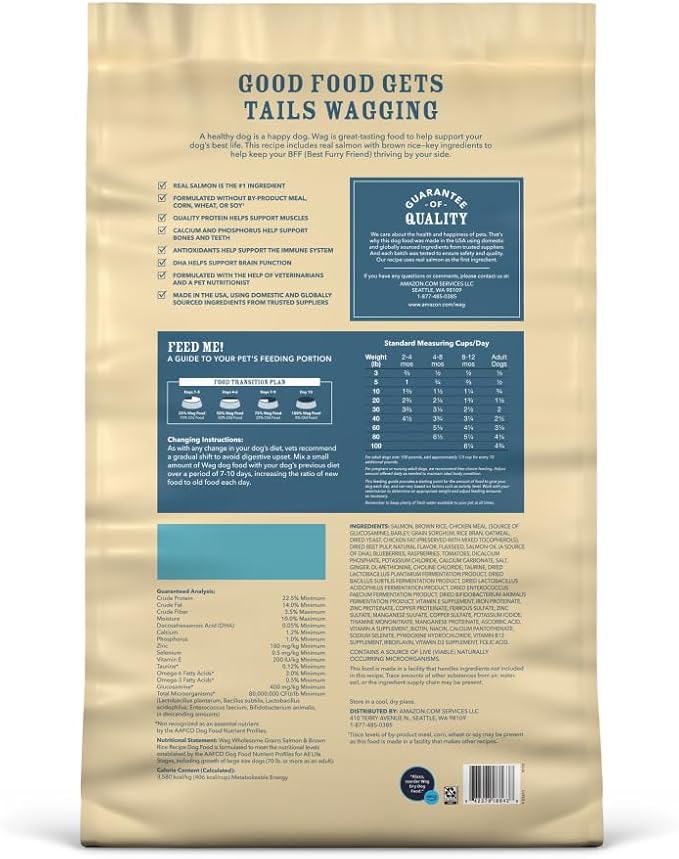 Amazon Brand - Wag Wholesome Grains Dry Dog Food with Salmon and Brown Rice, 30 lb Bag (Pack of 1)