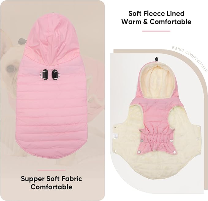 Fleece Lining Dog Hoodie with Harness Built in,Extra Warm Small Dog Jacket in Winter Puppy Coats with Drawstring Hooded,Light Pink XS