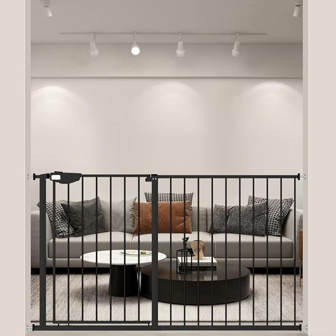 WAOWAO Triple Lock Baby Gate Extra Wide 53.93-57.87" Pressure Mounted Walk Through Swing Auto Close Safety Black Metal Dog Pet Puppy Cat for Stairs,Doorways,Kitchen