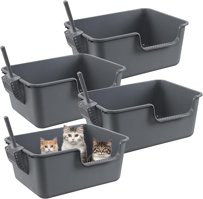 Xyskin 4 Pcs Cat Litter Box, Anti-Splashing Kitty Litter Pan with Scoops, High Sides Cat Litter Box Tray, Grey