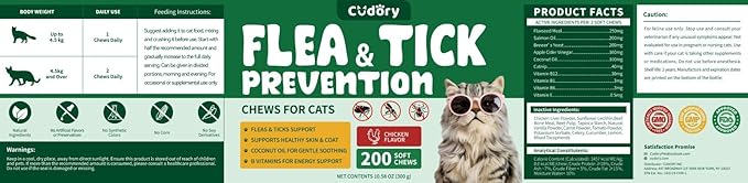 Flea and Tick Chews for Cats - 200 Soft Chews Natural Flea Tick Support for Cat All Breeds & Ages - Nourishes Skin & Coat Health - Energy Support - Chicken Flavor Soft Chew