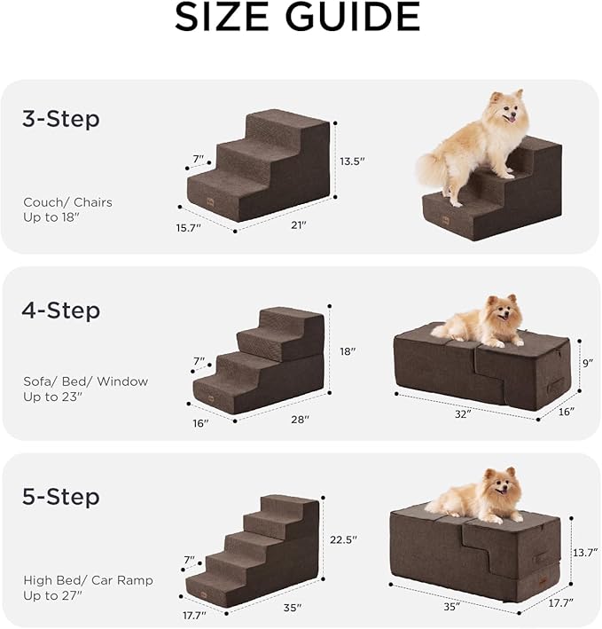 Made4Pets Dog Steps for Bed, Extra Wide Dog Stairs for High Bed Couch Sofa, 35D Foam Pet Steps for Small Dogs and Cats(Up to 40lbs), Non-Slip Bottom Pet Stairs, Brown, 4 Steps