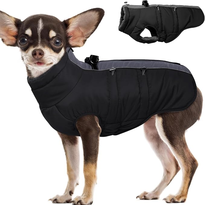 Small Dog Coat Dog Winter Jacket Warm Zip Up Snowsuit Dog Harness Vest Reflective Water-Resistant Dog Coat Dog Snow Jacket for Small Dogs Yorkie, Toy Poodle, Black