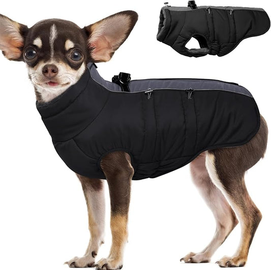 Small Dog Coat Dog Winter Jacket Warm Zip Up Snowsuit Dog Harness Vest Reflective Water-Resistant Dog Coat Dog Snow Jacket for Small Dogs Yorkie, Toy Poodle, Black