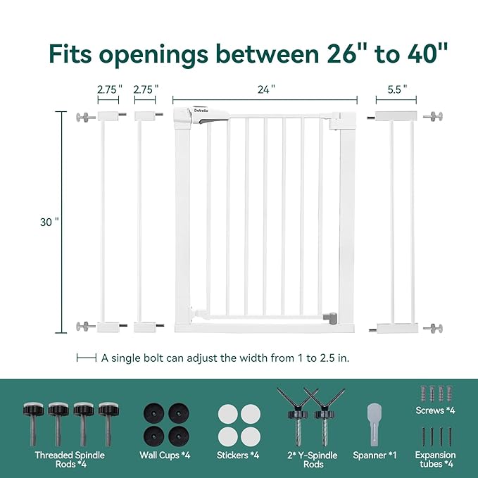 Babelio Baby Gate for Doorways and Stairs, 26''-40'' Auto Close Dog/Puppy Gate, Easy Install, Pressure Mounted, No Drilling, fits for Narrow and Wide Doorways, Safety Gate w/Door for Child and Pets