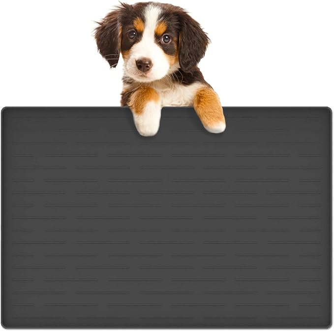 24"x16" Large Dog Food Mat, Silicone Dog and Cat Mats for Food and Water Bowls, Waterproof Raised Edge Pet Feeding Mat for Contain Spills Protects Floors, Multiple Colors & Sizes for Pets, Black