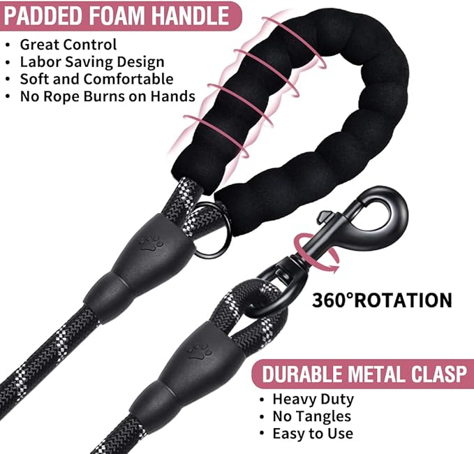 COOYOO 2 Pack Dog Leash 6 FT Heavy Duty - Comfortable Padded Handle - Reflective Dog Leash for Medium Large Dogs with Collapsible Pet Bowl Set 1-Black+Pink