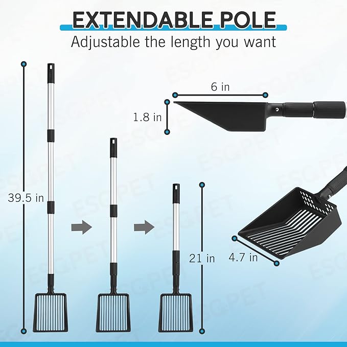 Cat Litter Scoop, Deep Shovel with Metal Long Handle, 21"-39.5" Telescopic & Adjustable Heavy Duty Fast Sifting Shovel Kitty Litter Scooper for Sifting Cats Litter