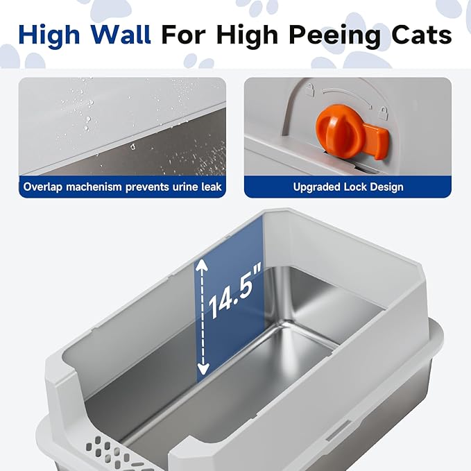 TENTIZON Stainless Steel Extra Large Covered Cat Litter Box with Lid, High Sides, Litter Mat, Scoop, Hooded Enclosed Kitty LitterBox for Big Cats Up to 24lbs, Multi-Cat, Ordor Control, Easy Clean