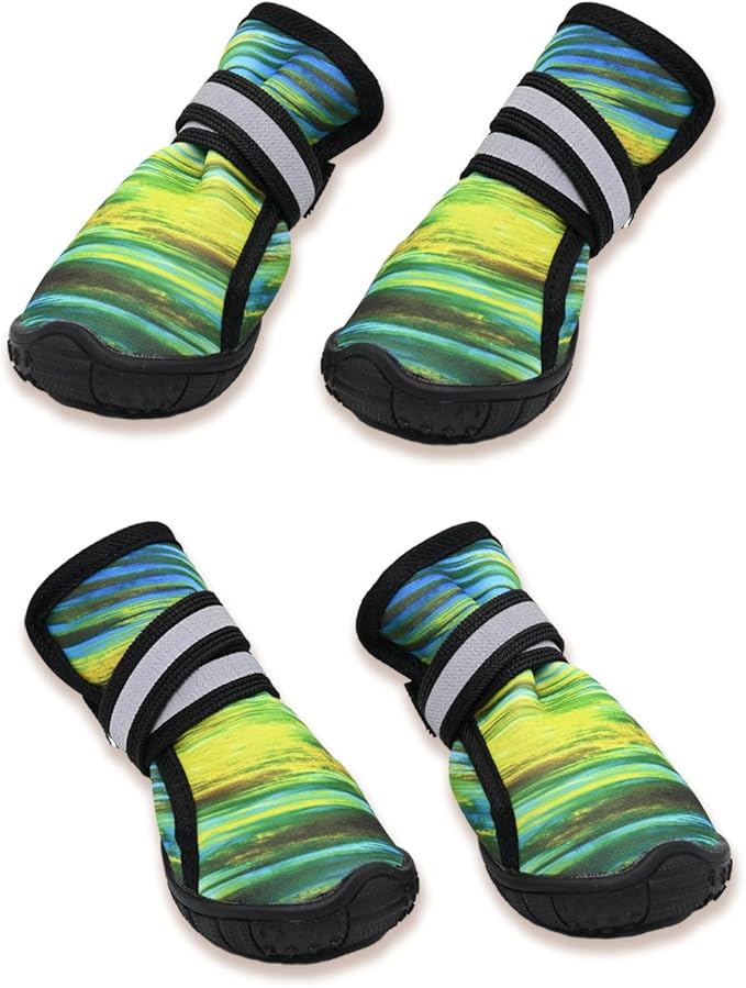 Dog Shoes for Small Medium Large Dogs,Neoprene Dog Booties & Paw Protectors for Hiking Hot Pavement Hardwood Floors,Quick-Drying Fabric Dog Boots W/Perforated soles for Flowing Water (Green-4)