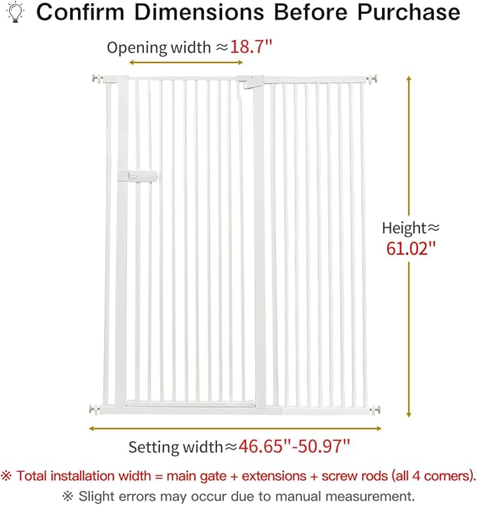 Lumizone Extra Tall Cat Gate 61.02" High Pressure Mounted Extra Wide 2025 New (17 Sizes) 1.37" Gap No Drilling Auto-Close One-Handed Operation Tall Pet Gate for Dogs(White, 46.65"-50.97"/118.5-129CM)