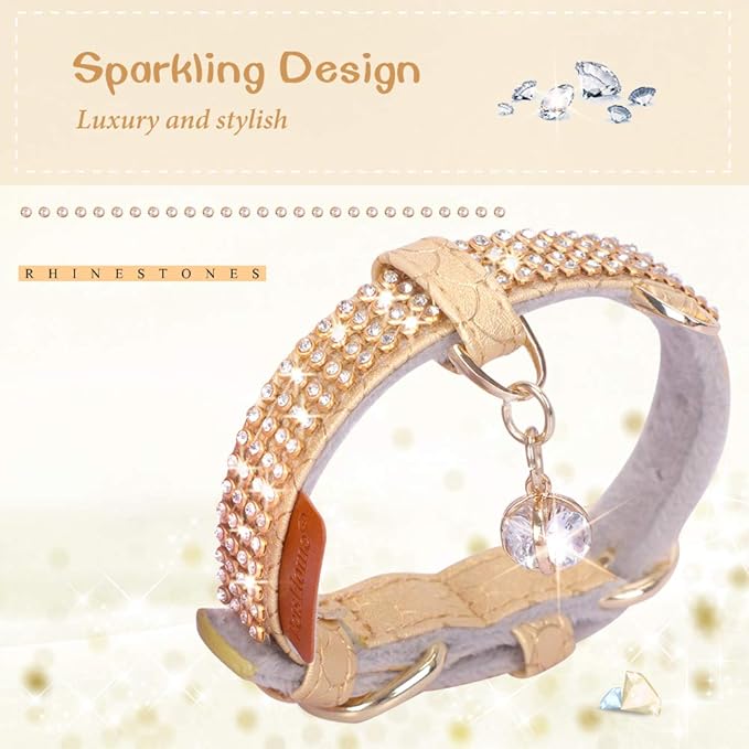 PetsHome Cat Collar, Dog Collar, [Bling Rhinestones] Premium PU Leather with Pendant Adjustable Collars for Big Cat and Small to Medium Dog Small Gold