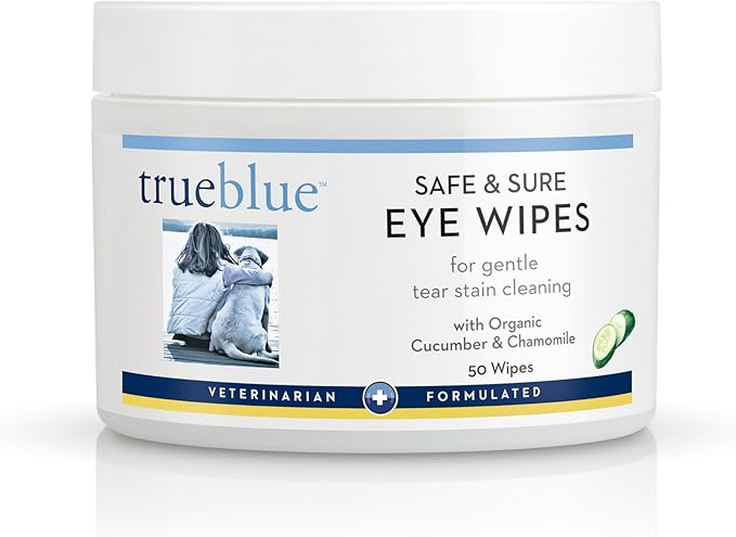 TrueBlue Cucumber & Chamomile Safe and Sure Dog Eye Wipes – Pre-Moistened Textured Pads for Tear Stain Eye Cleaning – Cleansing Eye Wipe for Dogs, Puppies – Non-Toxic, All-Natural – 50 Count