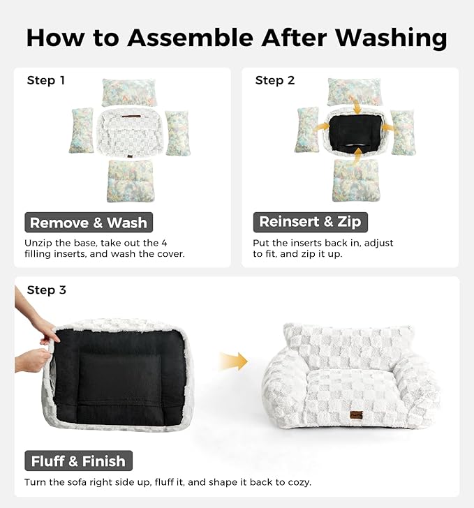 MADE 4 PETS Cat and Dog Indoor Couch Bed, Soft Faux Fur Checkered Pet Sofa, Cozy Fluffy Pet Sofa with Supportive Foam, Removable Washable Cover with Non-Slip Base, White, Medium